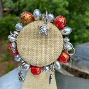 Red and Silver Beaded Charm Bracelet - Star, Sun, Lock, Butterfly, Shell